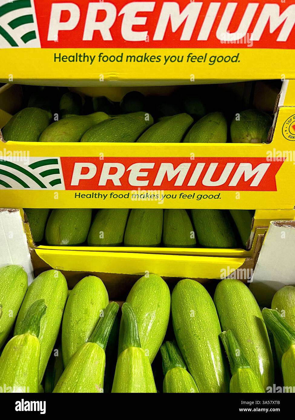 zucchine premium, zucchine, midollo, casse di cartone, conservazione, cassa, produzione, agricoltura, approvvigionamento alimentare, distribuzione, catena di approvvigionamento - Immagine stock catturata con smartphone