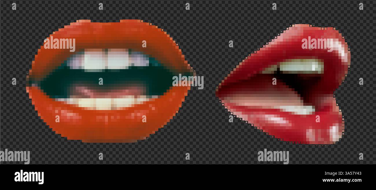 . Set vettoriale di immagini con censura pixel di labbra sexy in stile retrò. Icona trendy a 8 bit con texture, glamour e gradazioni per il digitale e il vintage Illustrazione Vettoriale
