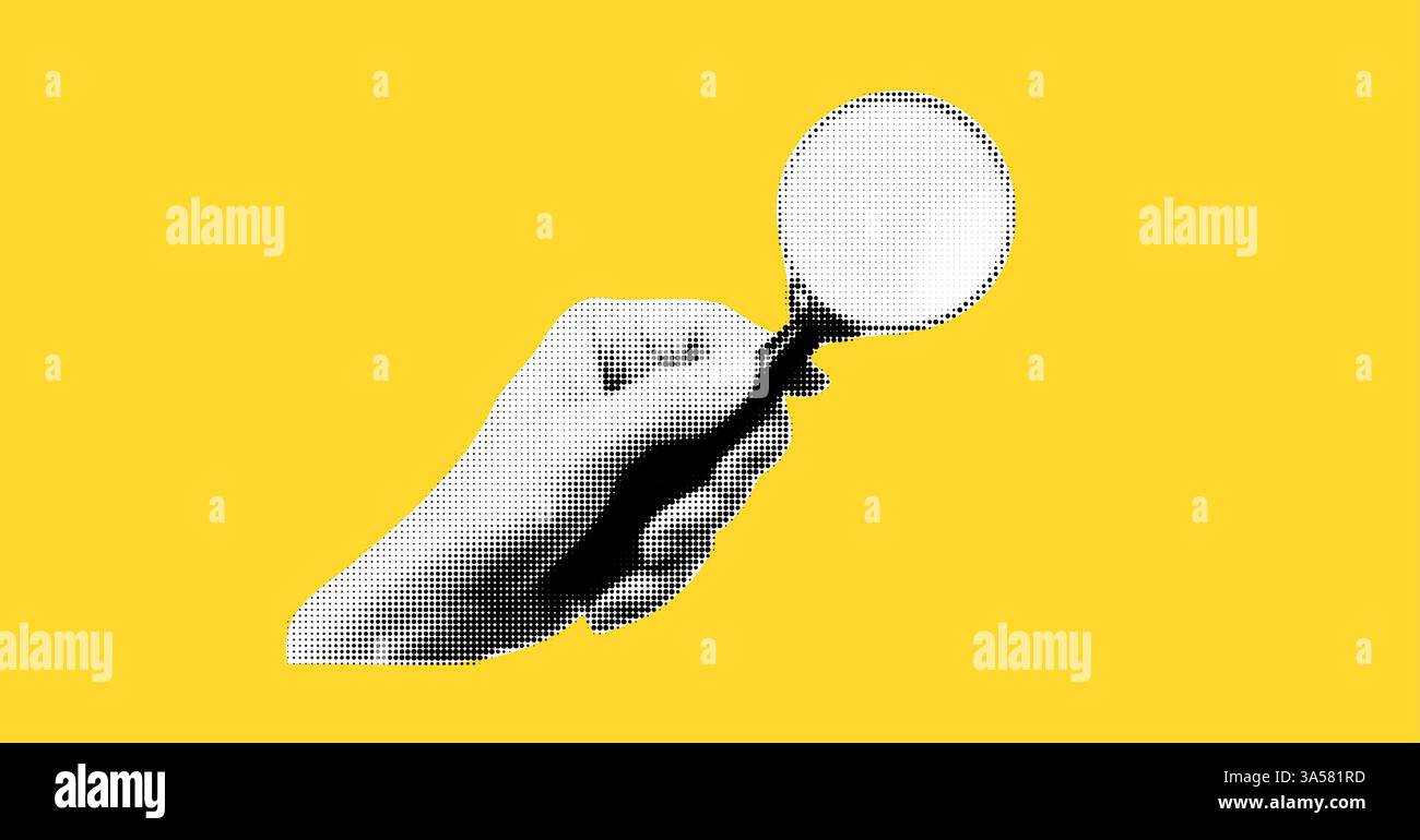 Collage sul tema di seo. Elementi moderni con una mano che regge una lente d'ingrandimento. Forme alla moda. Sfondo giallo vettoriale Illustrazione Vettoriale