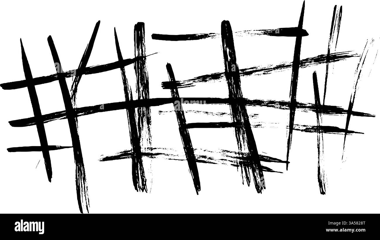 Una composizione astratta di tratti di pennello nero che crea un motivo caotico. I tratti si intersecano e si sovrappongono, formando una texture visiva dinamica. Illustrazione Vettoriale