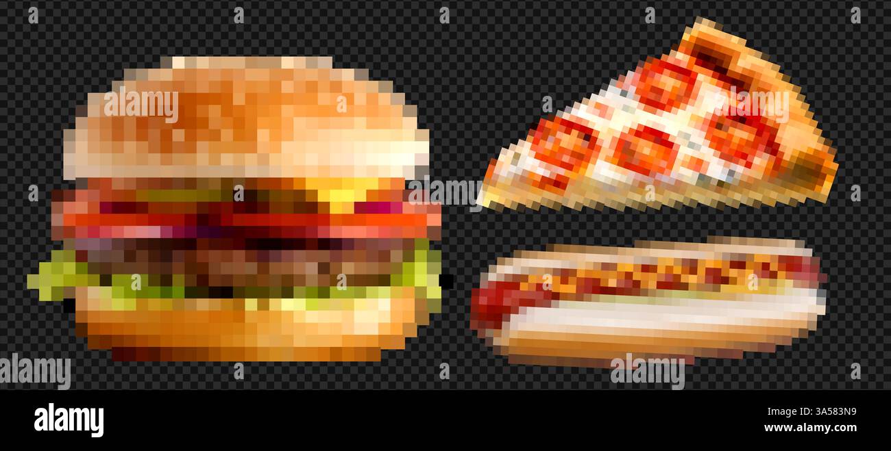 Pixel art di pizza a fette, hamburger e set di hot dog. Illustrazioni vettoriali alla moda degli anni '90 di fast food, piatti spazzatura e classici americani. Illustrazione Vettoriale
