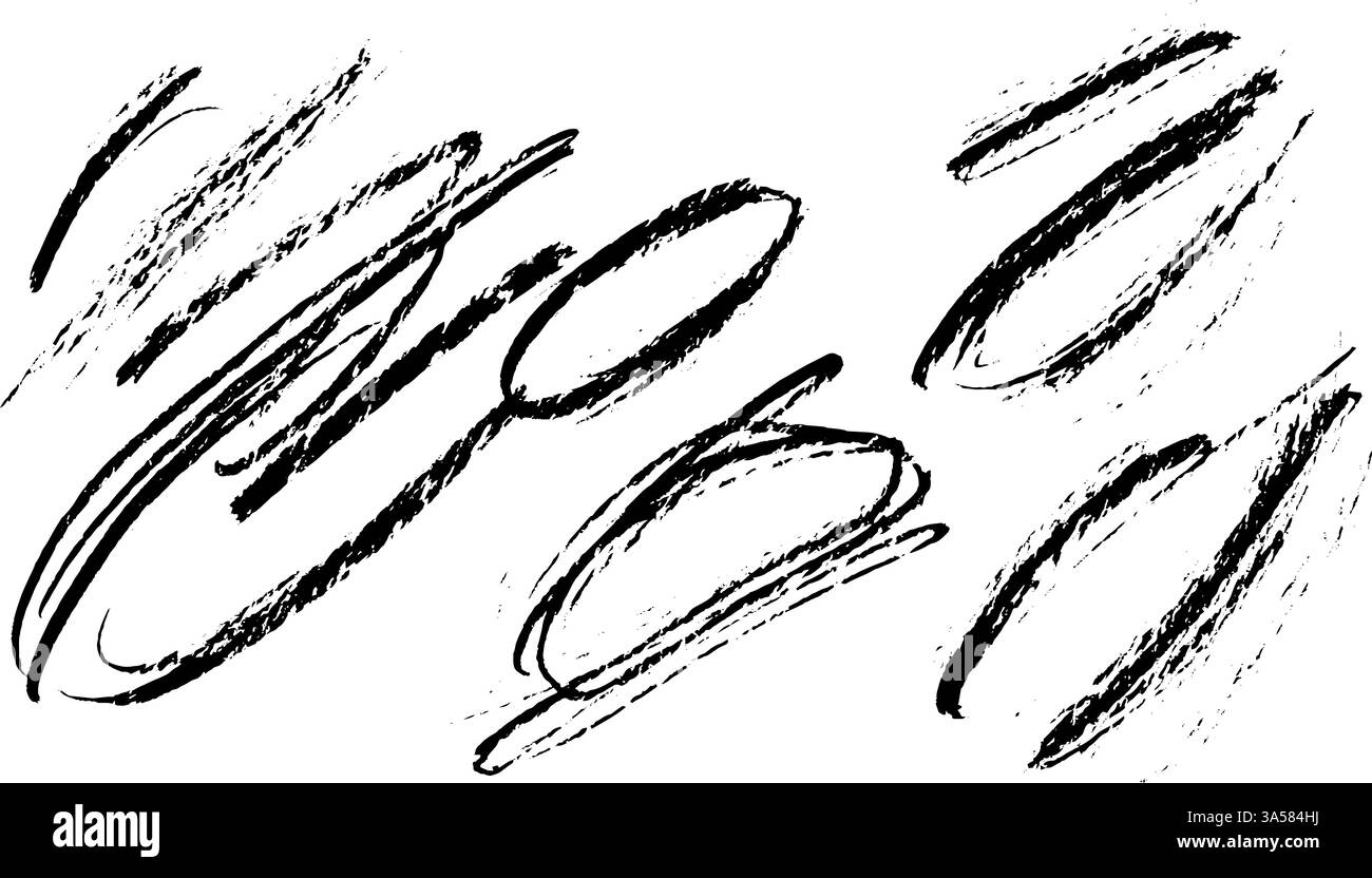 Una raccolta di pennellate nere su sfondo bianco, che mostrano varie forme e dimensioni. Ideale per progetti artistici o sfondi. Illustrazione Vettoriale