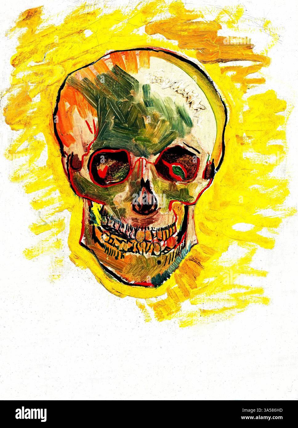 Teschio di uno scheletro con sigaretta ardente di Vincent van Gogh 1886 Expressionist Anatomy Study Public Domain Art High Resolution Dark humour Painting Foto Stock