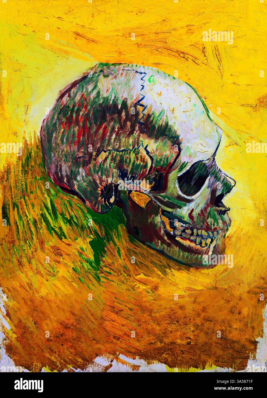 Teschio di uno scheletro con sigaretta ardente di Vincent van Gogh 1886 Expressionist Skeleton Study Dark Humor Painting Public Domain High Resolution Art Foto Stock