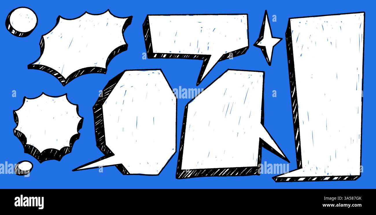 Fumetto Vector retro Comic con icone di testo e conversazione. Fumetto e forme di casella per chat e dialogo. Design vintage per messaggi e citazioni. Illustrazione Vettoriale