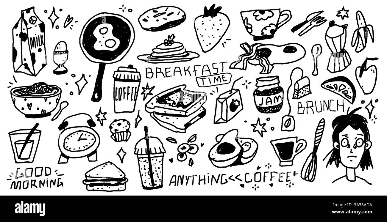 Set Squiggle Doodles. C'erano degli spilli per la colazione. Icone del cibo per il menu del caffè. Schizzi di scarabocchi per un picnic italiano. Illustrazione vettoriale alla moda Illustrazione Vettoriale