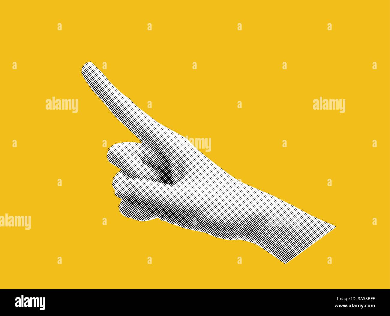 Mano nello stile di un dipinto rinascimentale. Raggiunge l'alto con un dito. Elemento collage in effetto mezzitoni. Illustrazione pop art su giallo brillante Illustrazione Vettoriale