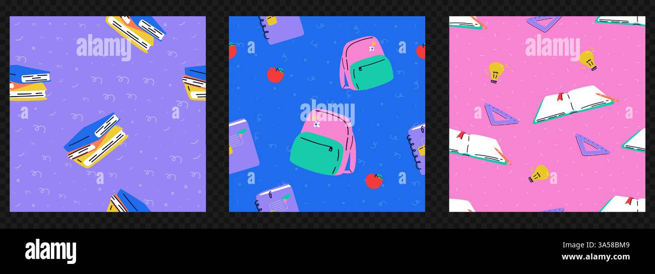 Una confezione di motivi contemporanei senza cuciture con un tema Back to School. Sfondi luminosi con scarabocchi, libri e uno zaino. Vettore di tendenza Illustrazione Vettoriale