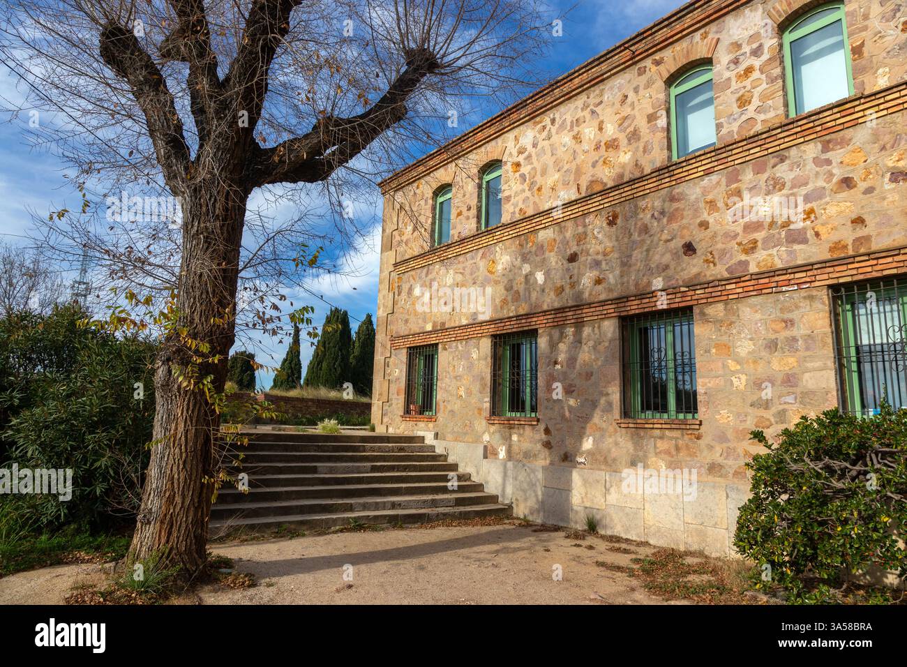 Mat Tree secco, Old Stone Building, Montjuic Castell o Castello Catalano Fortezza difensiva Mediterranea famosa attrazione turistica Barcellona Spagna Foto Stock