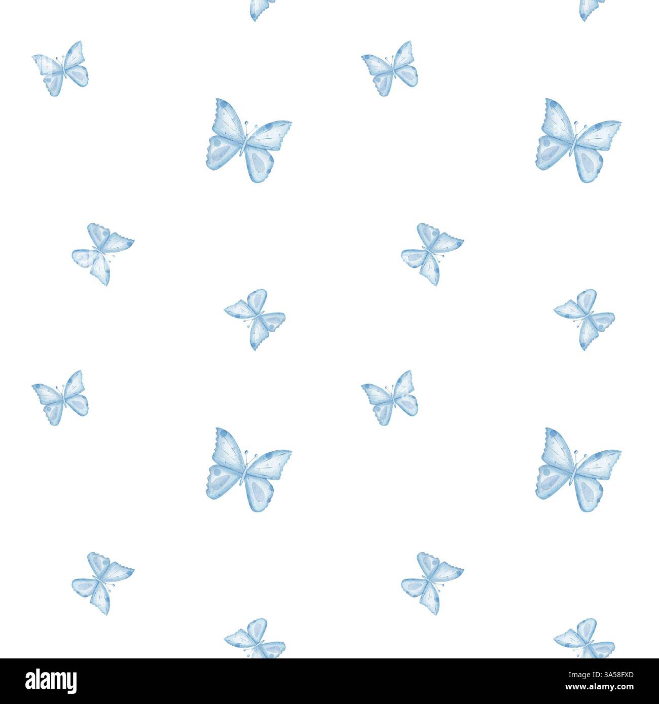 Motivo ad acquerello senza cuciture con delicate farfalle blu di diverse dimensioni. Per stampa, carta da imballaggio, rottamazione, tessuti. Illustrazione delle festività, disegnata a mano, su sfondo bianco. Foto Stock