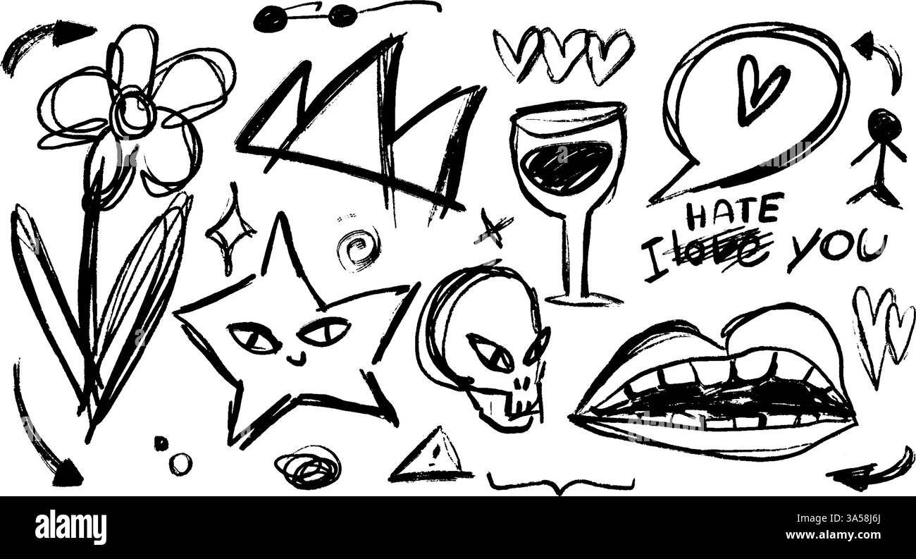 Set vettoriale stravagante con un doodle di un fiore disordinato, una stella, un teschio, un cuore, un bicchiere, bocca. Design in stile Punkstyle, linee graffianti, eleganti scarabocchi. Illustrazione Vettoriale