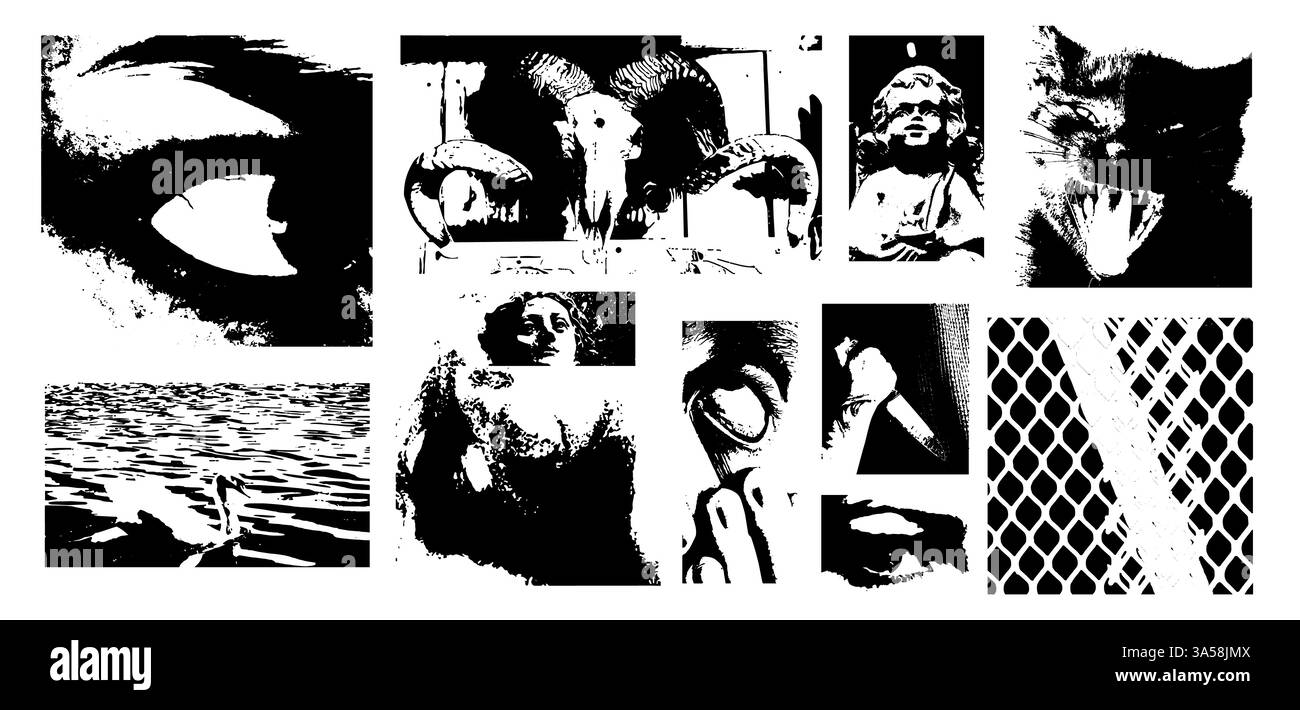 Set di elementi grunge y2k. Occhi, bocca e forme nella trama della fotocopia a grana. Brutale e brutale mezzitoni punk. Confezione vettoriale di grafica vintage Illustrazione Vettoriale