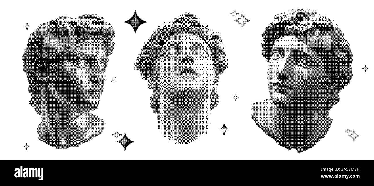 Set di mezzitoni collage con testa della statua greca. Motivo vettoriale con volto di dio e antico design romano. Illustrazione Vettoriale