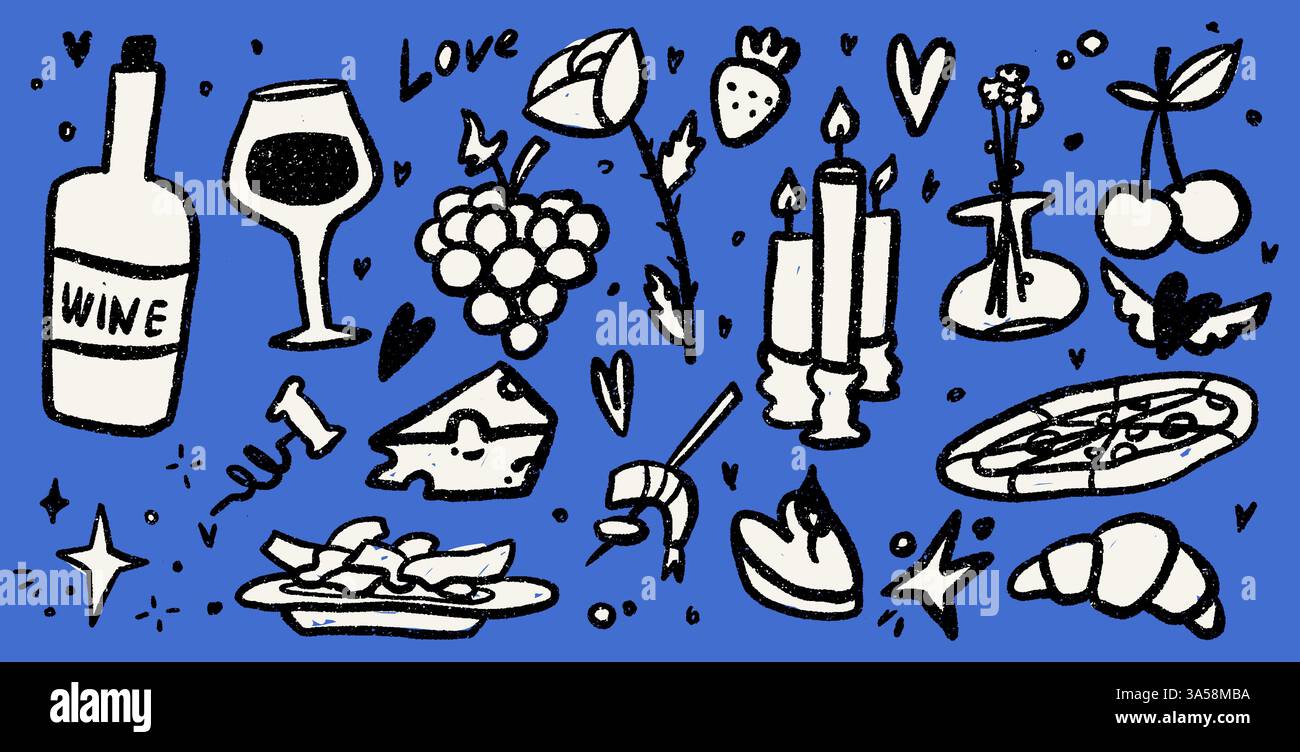 Set di elementi per la cena. Doodle illustrazioni vettoriali di cibo e vino. Texture punk alla moda. Icone del pranzo italiano. Festa o giorno romantico Illustrazione Vettoriale