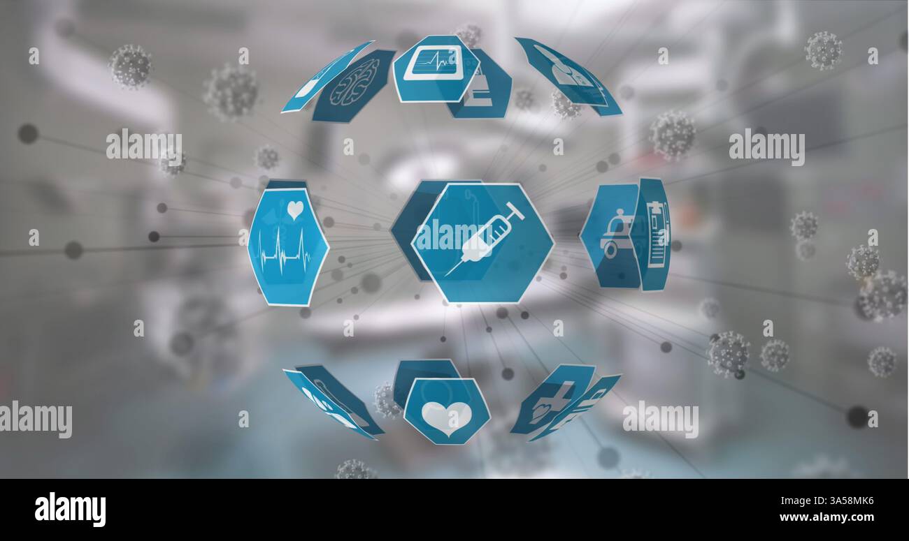 Icone digitali fluttuanti dell'assistenza sanitaria in un ambiente medico futuristico, che mette in mostra l'innovazione Foto Stock