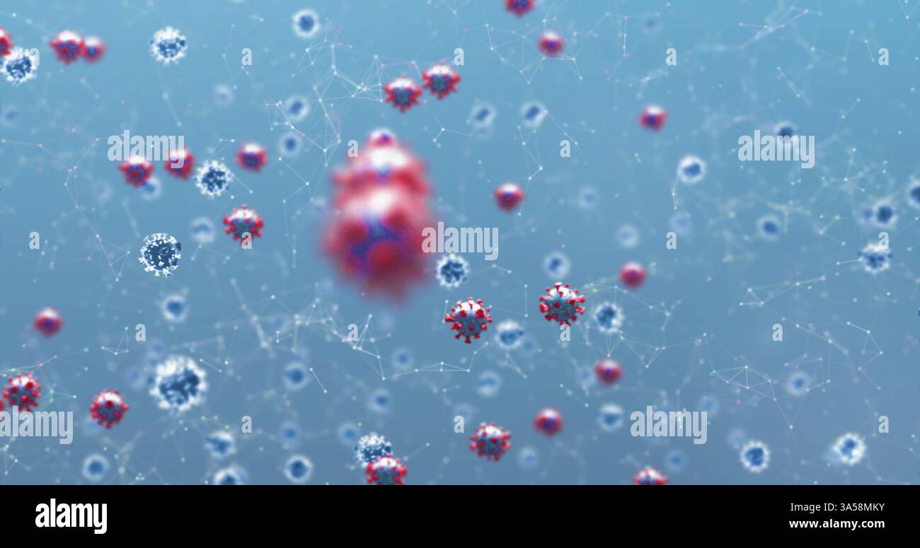 Particelle di virus digitali che fluttuano nella rete, rappresentano minacce alla sicurezza online Foto Stock