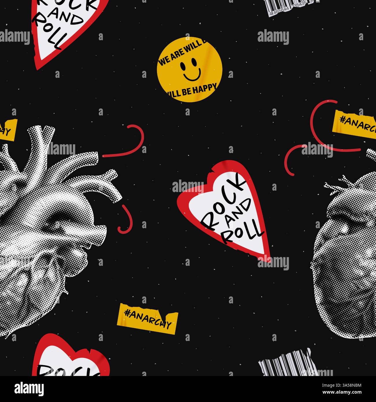 Effetto grunge senza cuciture con uno sfondo rumoroso. Cuore mezzitoni e adesivi rock, sfondo contemporaneo. Illustrazione vettoriale e collage alla moda. Illustrazione Vettoriale