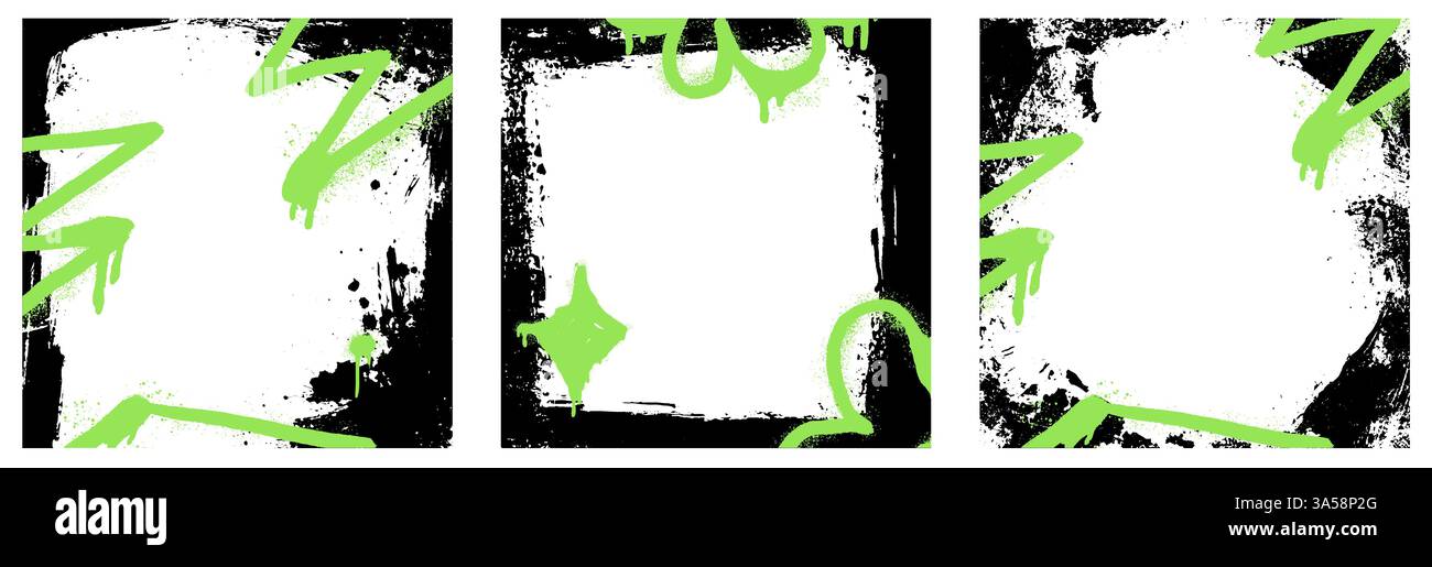 Spruzzare vernice ruvida con elemento verde graffiti. Set di cornici astratte vettoriali con grafica nera su sfondo di carta grintosa. Illustrazione Vettoriale