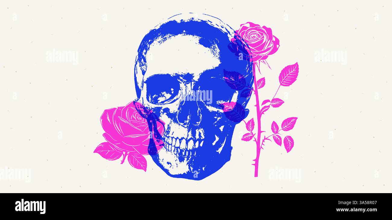 Stampa vettoriale di cranio e rosa vintage. Design blu e rosa isolato con texture grunge, con una spaventosa testa scheletrica ed elementi floreali. Illustrazione Vettoriale