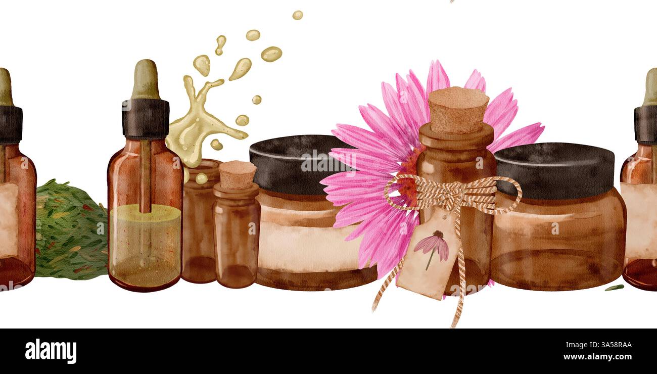 Una splendida disposizione di bottiglie progettate con oli naturali, erbe profumate e deliziosi elementi floreali. Bordo senza cuciture ad acquerello disegnato a mano su sfondo trasparente. Foto Stock