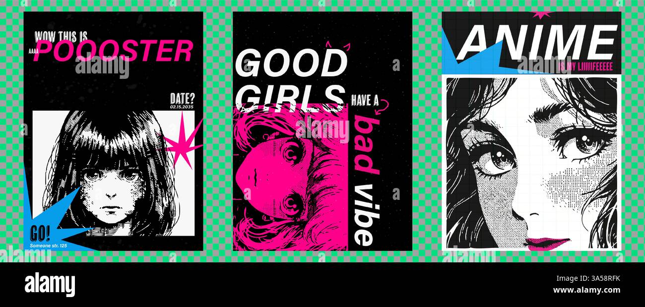 Poster con un ritratto di una ragazza in stile anime. Pixel arte retrò. Elegante colore rosa brillante con scarabocchi. Volantino impostato su sfondo trasparente. Illustrazione Vettoriale