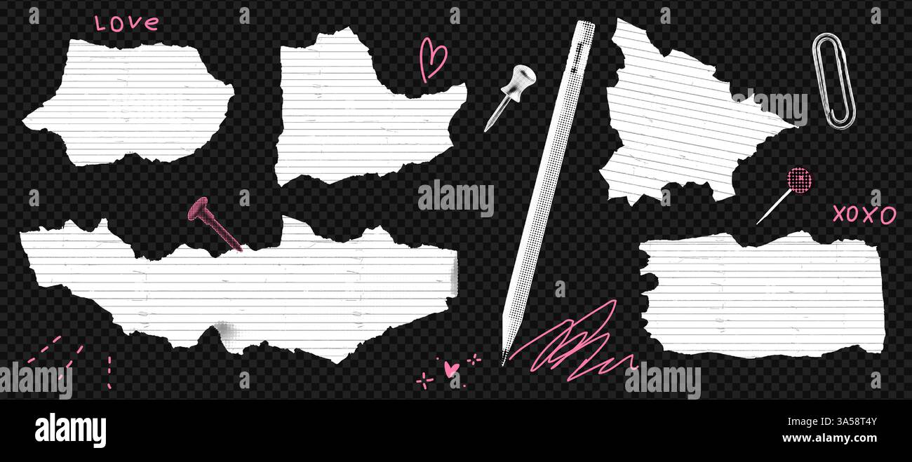 Set di carta strappata vintage con bordi smussati e dettagli strappati. Foglio bianco, elemento collage rosa ed elementi di scarto per album, note o banner Illustrazione Vettoriale