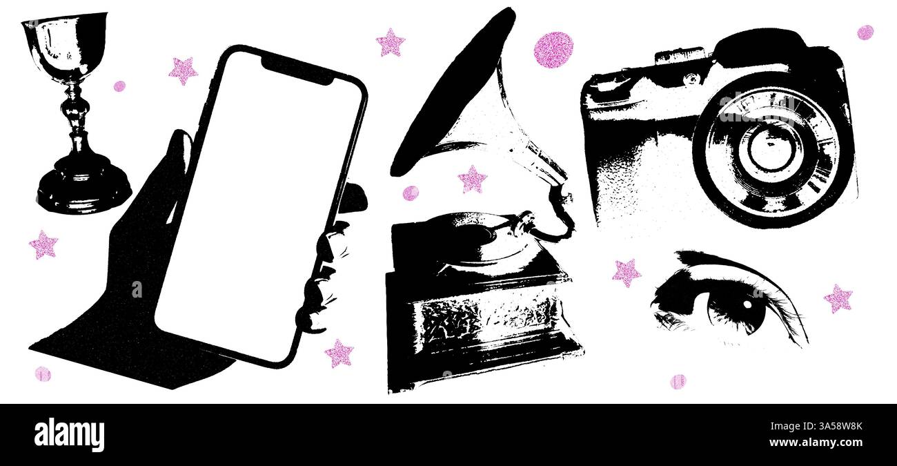 Elementi artistici collage con telefono, grammofono, fotocamera e occhio. Grafica pop vintage con effetti mezzitoni e ritagli di carta tagliati a mano. Retro e. Illustrazione Vettoriale