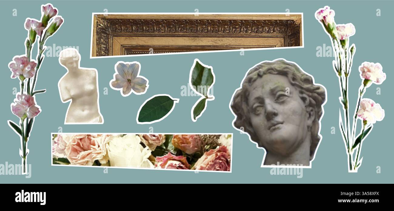 Kit collage di adesivi vintage per album di foto. Testa e fiori delle sculture e pezzi di carta. Su sfondo blu come png. Estetica barocca Illustrazione Vettoriale