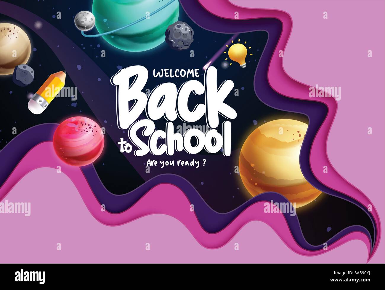 Sfondo ritagliato della carta degli appunti di benvenuto Back to School. Bentornato a scuola clip art con pianeti colorati e materiali educativi in rosa Illustrazione Vettoriale
