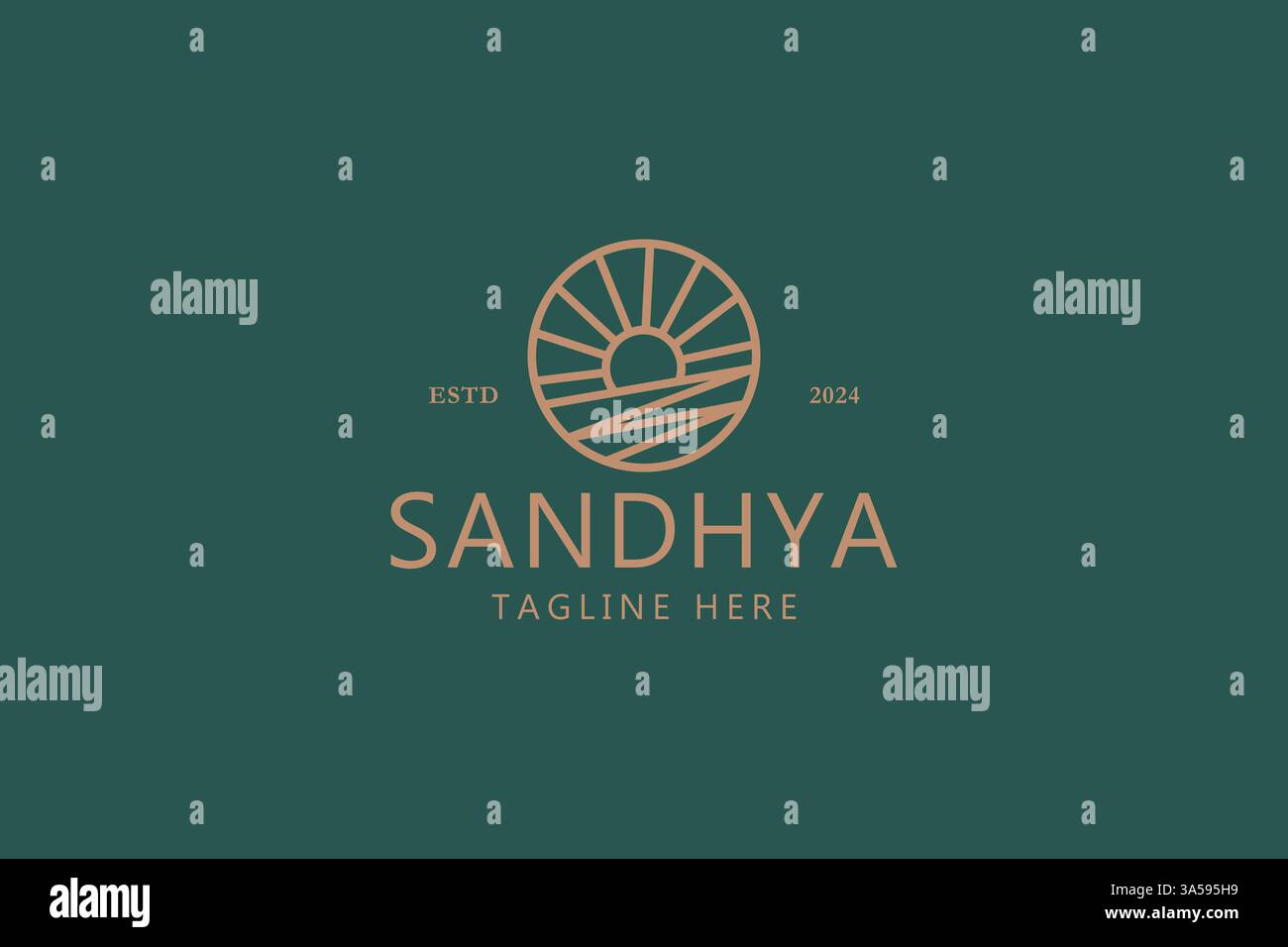 Logo Golden Sunrise Over Coastal Horizon Ocean View, Summer Escape and Adventure Symbol Illustrazione Vettoriale