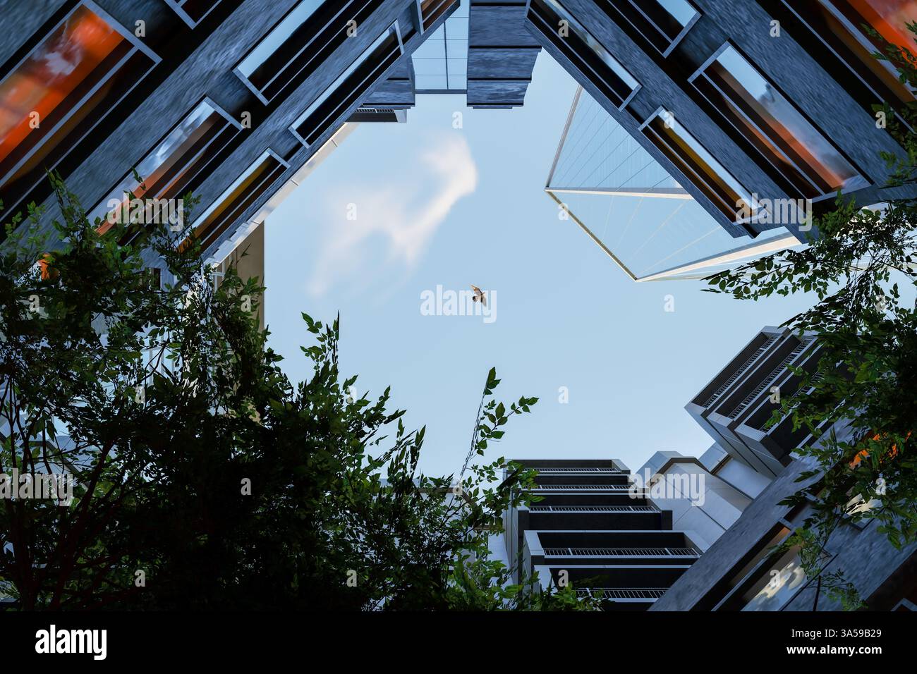 Moderna vista sul cortile urbano con uccello volante e cielo limpido - illustrazione 3D. Foto Stock