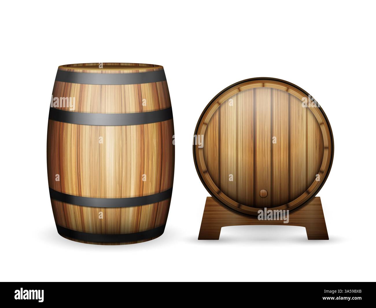 Botti di legno su sfondo bianco. Illustrazione vettoriale. Foto Stock