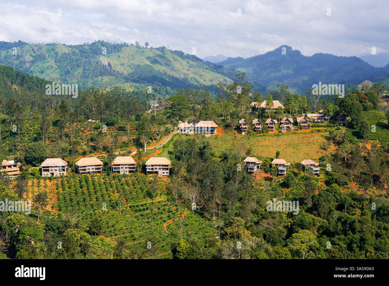 Gli eco-Lodge di lusso sulle lussureggianti colline di Ella, Sri Lanka, offrono un rifugio tranquillo con splendide viste sulle montagne, mescolando natura e comfort moderni Foto Stock