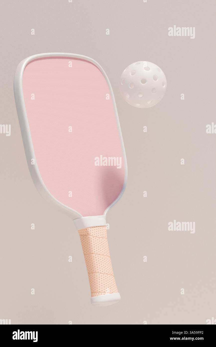 Una pagaia rosa e una palla, perfetti per una divertente partita a picnic in una giornata di sole. rendering 3d. Foto Stock