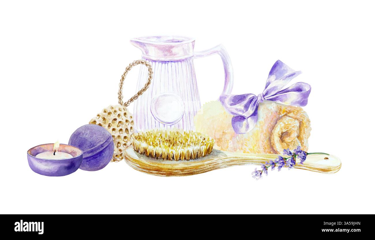 Rilassatevi alla lavanda. Caraffa, asciugamano, candela, spazzola massaggiante, bomba da bagno, rametto di fiori. Illustrazione ad acquerello disegnata a mano isolata su bianco. Per le carte Foto Stock