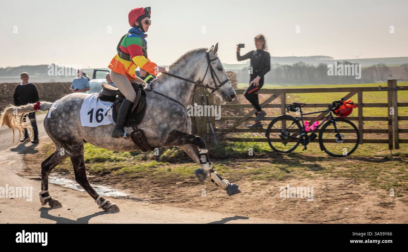 La più antica corsa di cavalli in Inghilterra, il Kiplingcotes Derby nello Yorkshire Wolds si svolge il terzo giovedì di marzo di ogni anno ed è stata fondata nel 1519. Se non dovesse succedere, sarà la fine di questo evento annuale e non accadrà mai più. Foto Stock