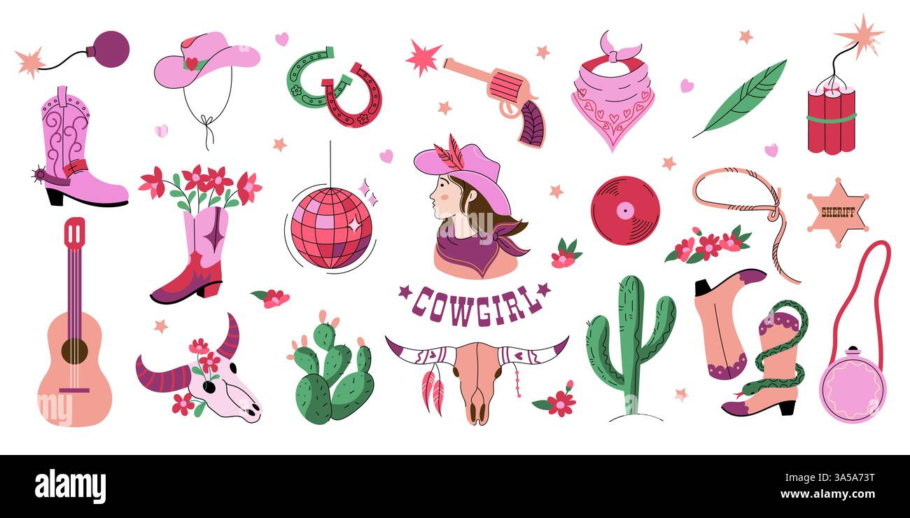 Adesivo rosa Cowgirl. Simpatici elementi da cowboy cartoni animati, sella da cavallo cactus, stemma dello sceriffo a ferro di cavallo, collezione di adesivi rosa per chitarra, discoteca Wild West Illustrazione Vettoriale