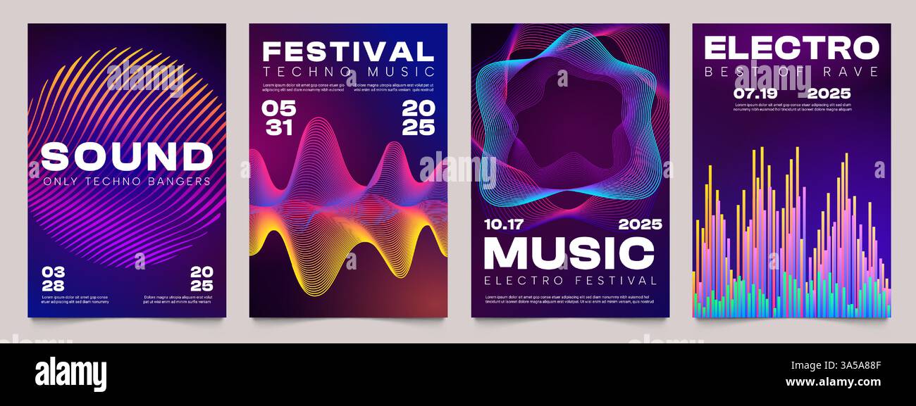 Poster della musica sonora. Design astratto del volantino con elementi dinamici a onde sonore e geometria del gradiente. Brochure dei concerti musicali vettoriali con audio colorato Illustrazione Vettoriale