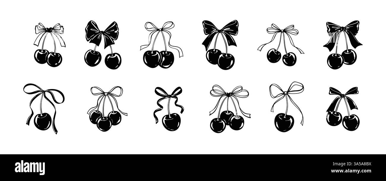Set di ciliegie disegnate a mano con fiocco e cuori. Disegno lineare di schizzo carino. Coquette, elegante elemento di design vintage, San Valentino, Illustrazione Vettoriale