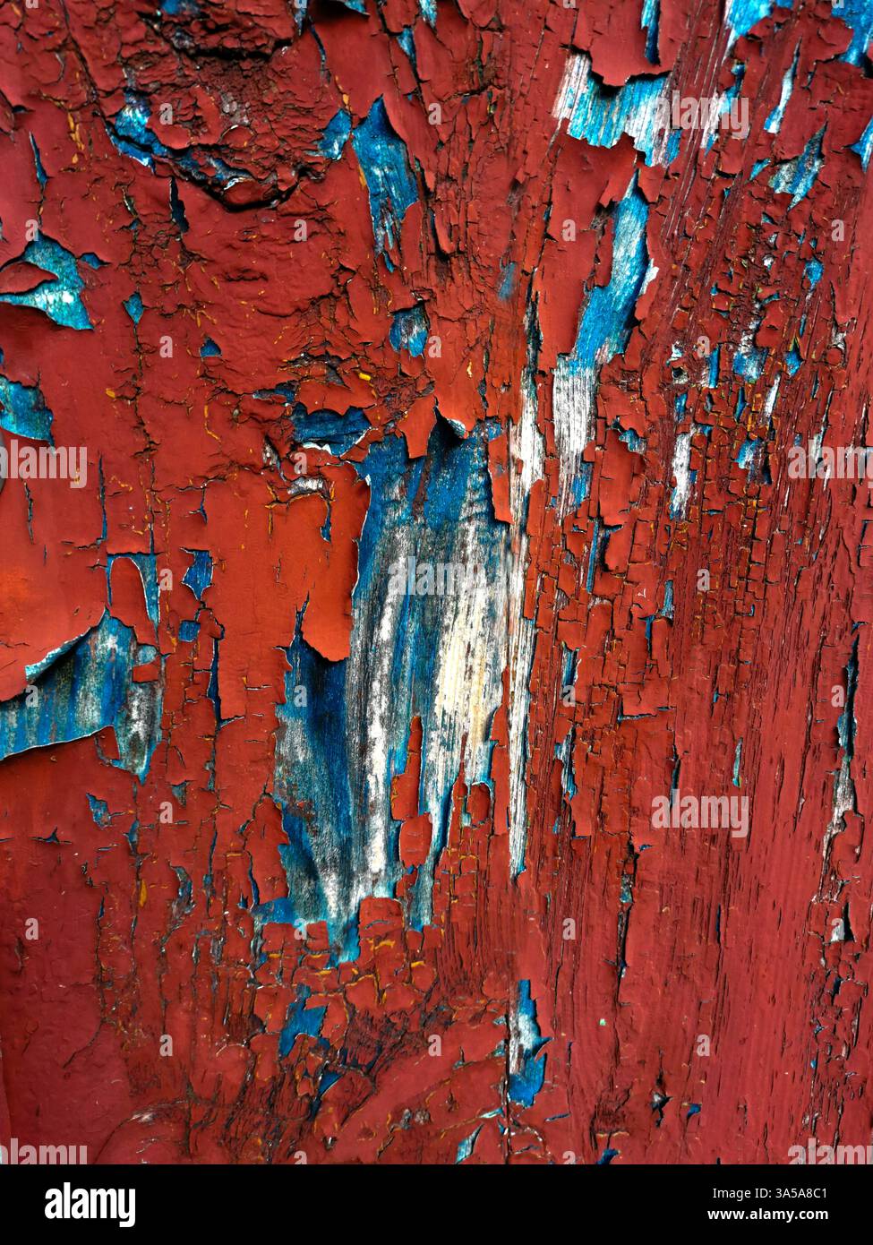 Vista ravvicinata di una superficie in legno intemprata che mostra intricati motivi di vernice rossa e blu. La texture racconta la storia dell'età e dell'esposizione Foto Stock