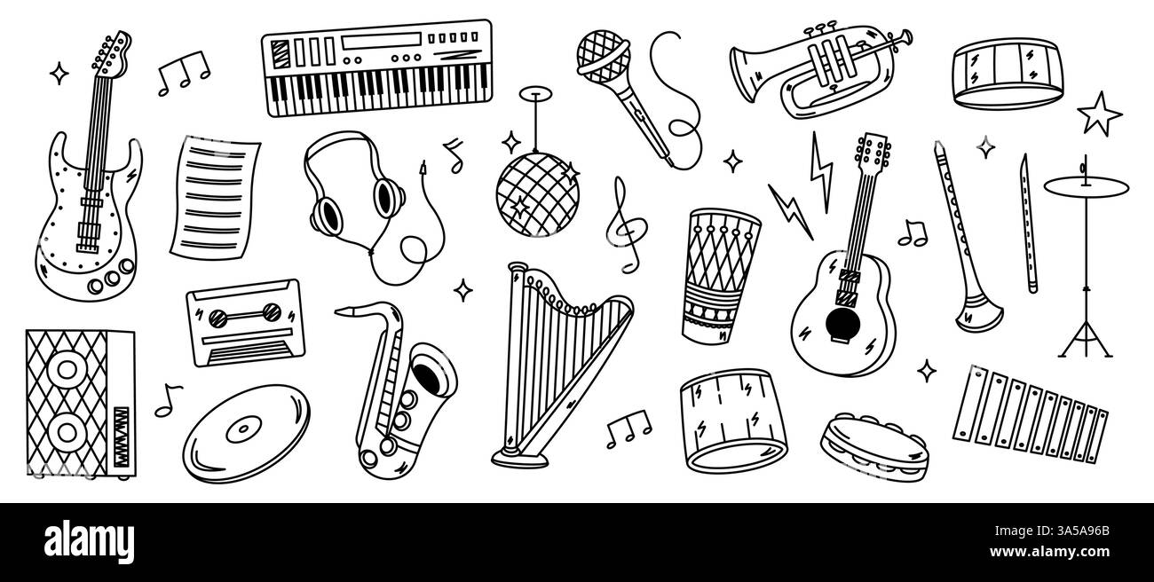 Icone degli strumenti musicali Doodle. Chitarra divertente disegnata a mano pianoforte sassofono tromba, melodia musicista puzzolente strumenti elementi. Strumenti vettoriali Illustrazione Vettoriale