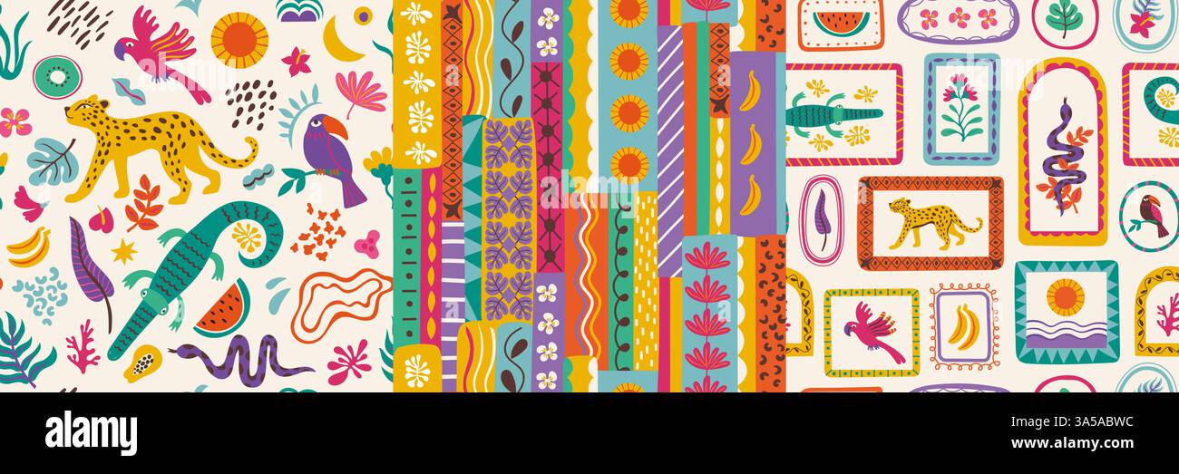 Patchwork esotici. Stampa senza cuciture di fiori animali e foglie tropicali, forme geometriche floreali astratte tropiche con motivi da safari nella giungla. Vettore Illustrazione Vettoriale