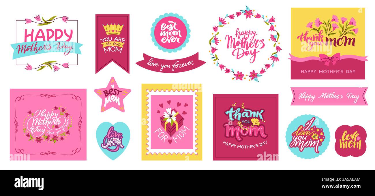Cornici per la Festa della mamma. Bordo in testo floreale con elementi decorativi per biglietti d'auguri, cornice semplice con testo per le feste. Set isolato vettoriale Illustrazione Vettoriale
