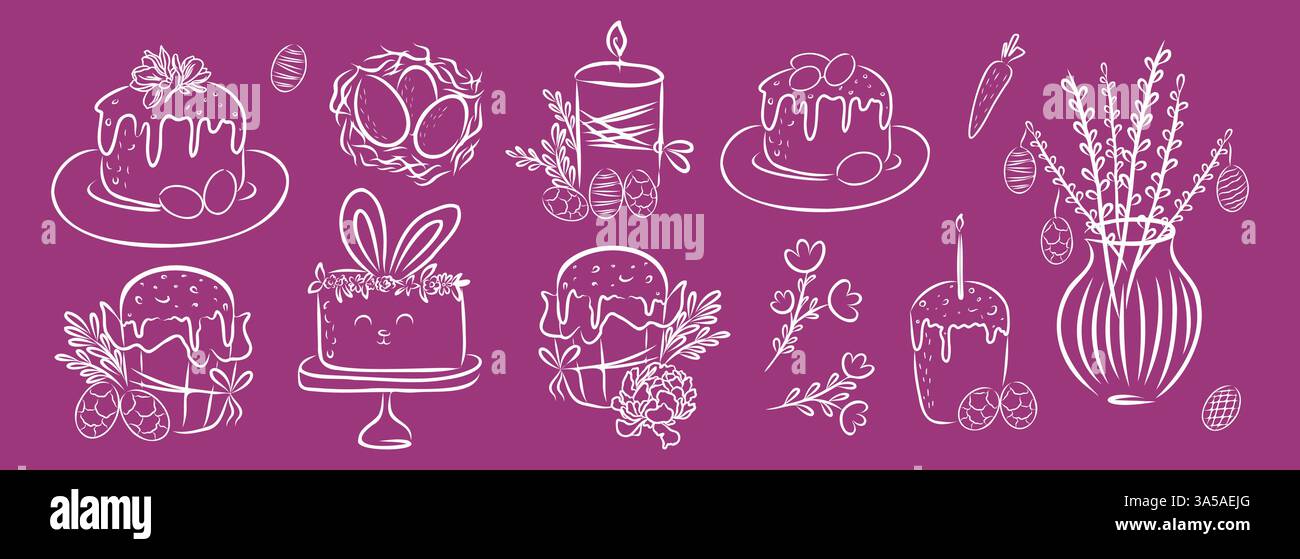 Doodle, set pasquale. Disegno vettoriale di kulich, torta conigliata, uova e fiori primaverili. Illustrazione Vettoriale