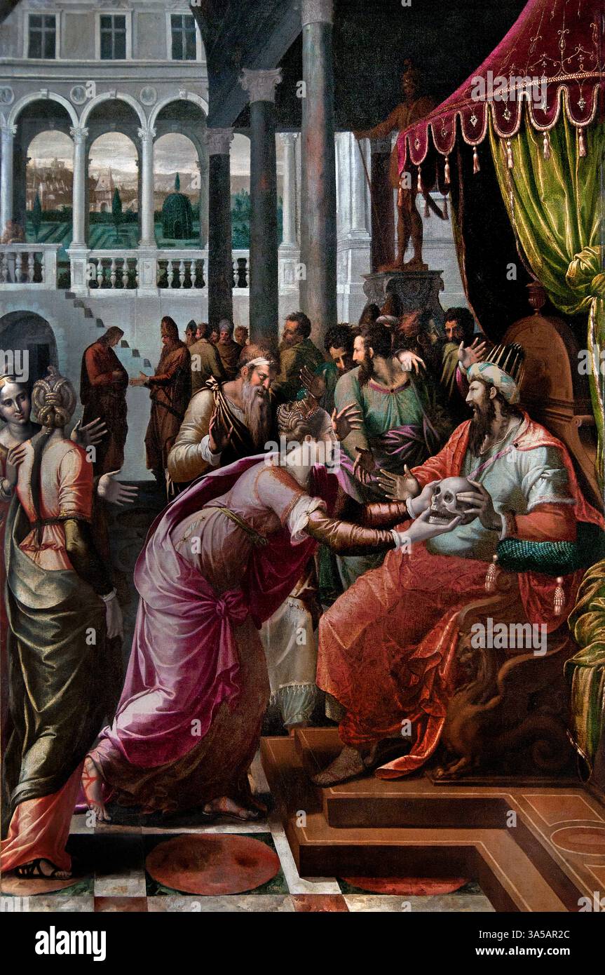 La Justice d'Othon - Justice of Otho di Luca PENNI 1500 -1556 Italia Louvre italiano Francia fine Art Museum Parigi. (L'imperatore Ottone III e un aborto giudiziario. La storia ruota intorno a una falsa accusa contro un conteggio, la sua esecuzione illecita e la successiva rivendicazione della sua innocenza attraverso un processo a fuoco ) Foto Stock