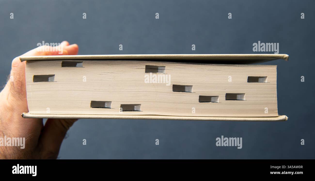 Una mano tiene in mano un libro spesso, visto lateralmente, con schede ritagliate per un facile accesso ai capitoli, facilitando la navigazione all'interno del testo. Foto Stock