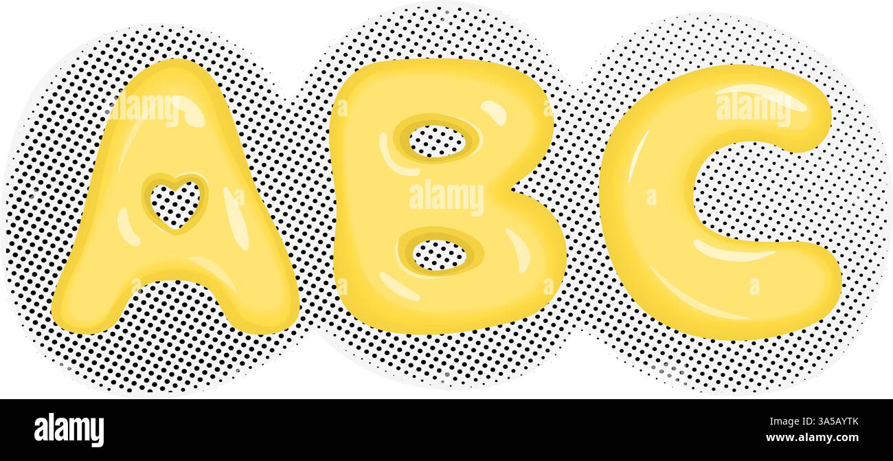 Bolla lucida 3 lettere ABC in inglese, carattere vettoriale giallo 3D su sfondo tratteggiato a mezzitoni. Stampa per insegnanti, giornalisti, studenti, scrittori, schoo Illustrazione Vettoriale