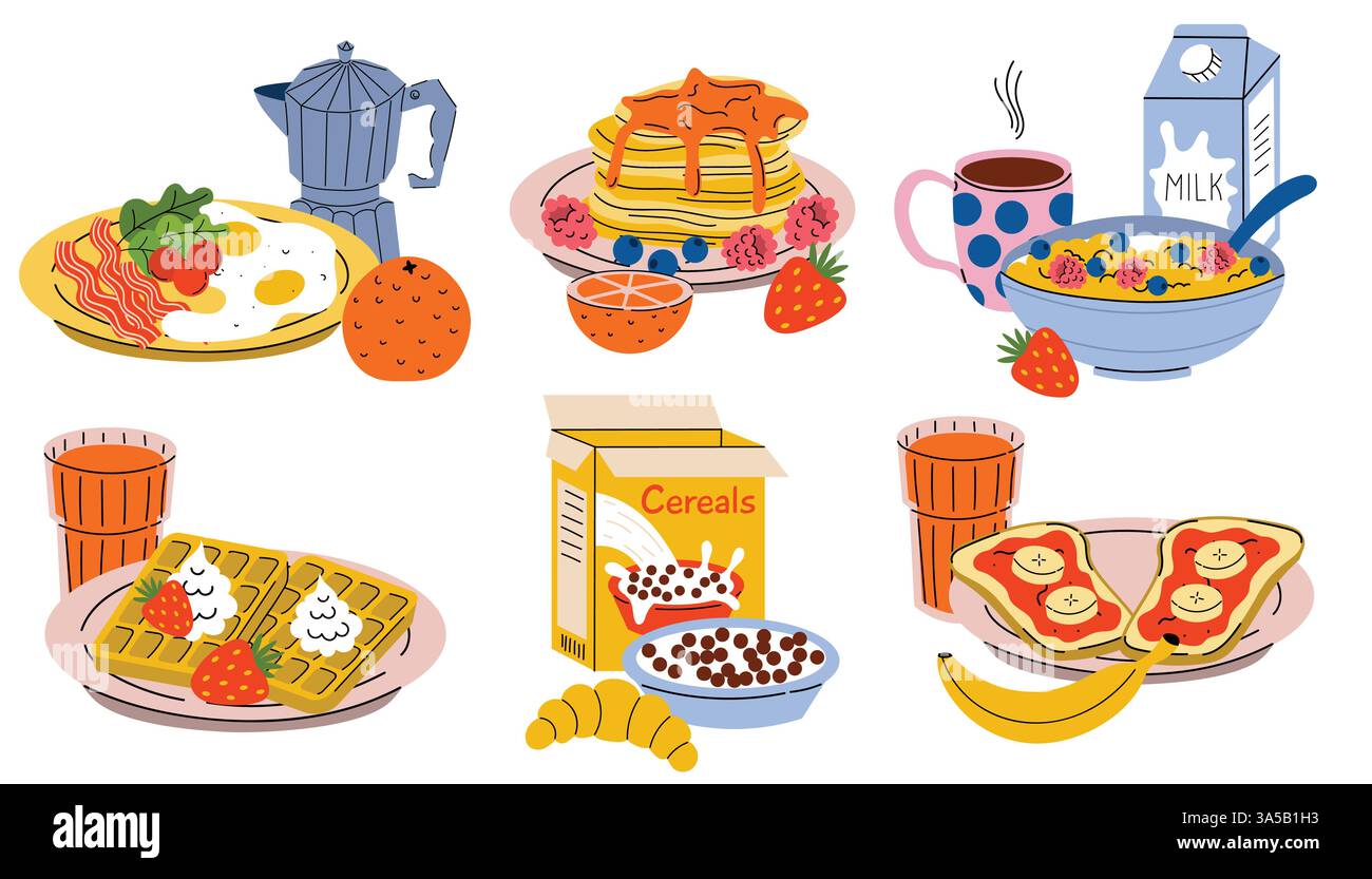 Cibo da colazione su piatto. Collezione di piatti mattutini cartoni animati per caffè, casa o hotel. Pancetta con uova fritte, toast con marmellata, waffle, pancake a. Illustrazione Vettoriale