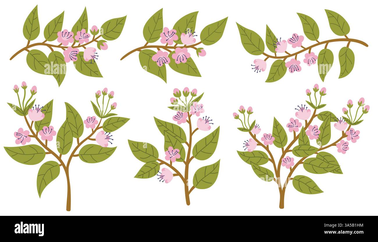 Set di fiori di ciliegio giapponesi, fiori primaverili sui rami. Collezione di cartoni animati di rami di alberi in fiore. Illustrazione Vettoriale