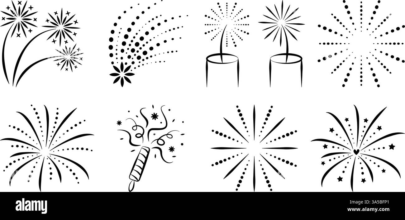 Fuochi d'artificio, firecracker, coriandoli. Segnali di saluto, scintillio e petard. Set di icone con linea nera vettoriale per eventi festivi e festeggiamenti natalizi Illustrazione Vettoriale